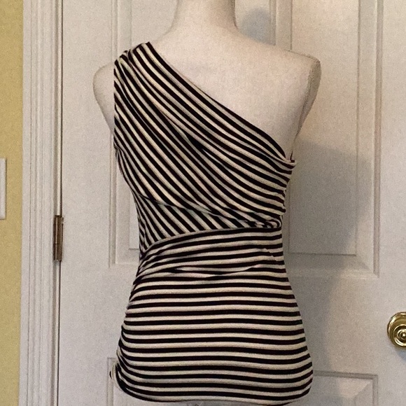 Cache Vintage Navy, White & Gold Striped One-Shoulder Top w/ Gold Buckle - Picture 6 of 11